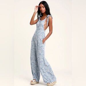 NEW Free People Blue Combo  Cut Out Wide Leg Boho Jumpsuit Resort Romper Small
